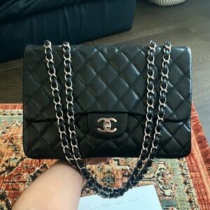 CHANEL Black Quilted Lambskin Double Flap Shoulder Bag with Silver Hardware